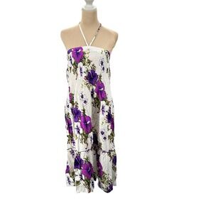Lingerie Purple Hibiscus Floral Smocked Halter Maxi Dress Plus Size 2X White